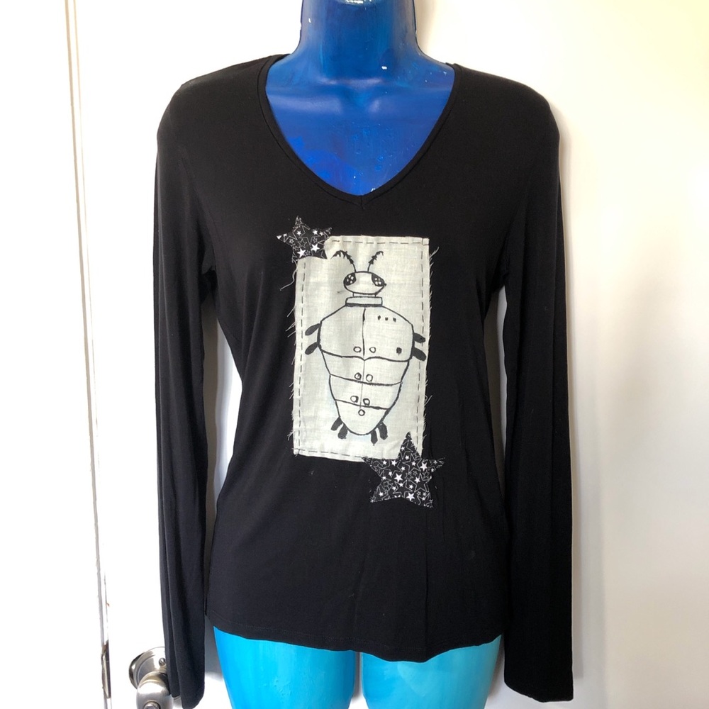 Upcycled long sleeve vneck top with star & coraline beetle creature hand painted